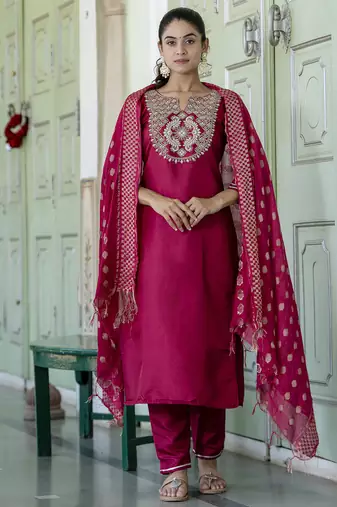 Pink cotton silk blend designer festive wear readymade suit