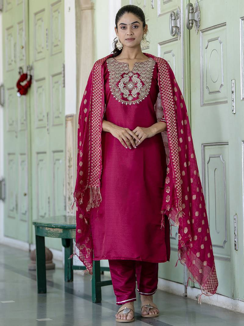 Pink cotton silk blend designer festive wear readymade suit