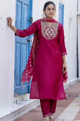 Pink cotton silk blend designer festive wear readymade suit