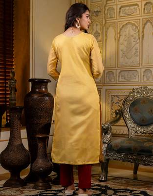 yellow fancy silk blend long kurti 3