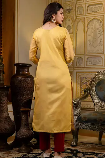 yellow fancy silk blend long kurti