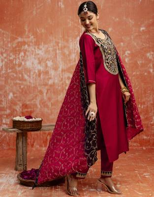 Maroon silk blend designer festive wear readymade suit 4