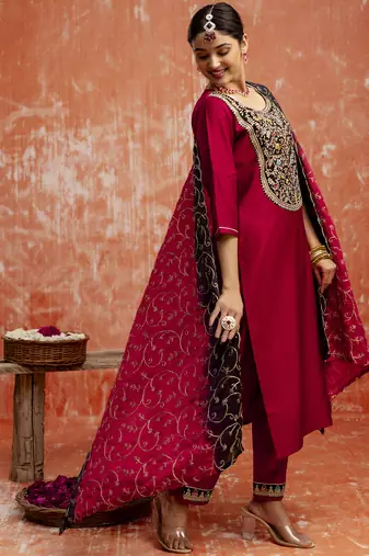 Maroon silk blend designer festive wear readymade suit