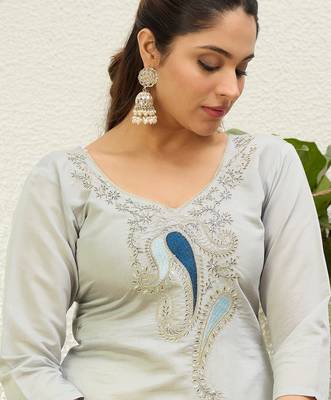 Grey color silk blend embroidery long kurta 3