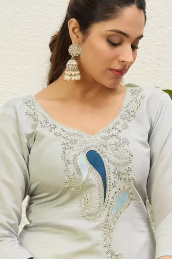 Grey color silk blend embroidery long kurta