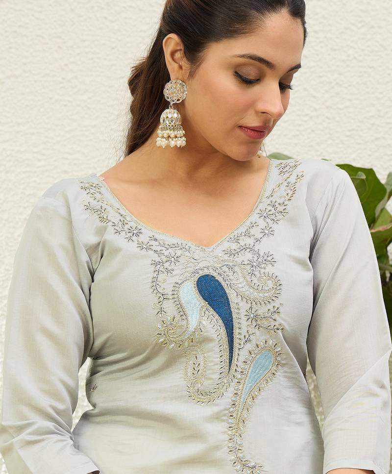 Grey color silk blend embroidery long kurta