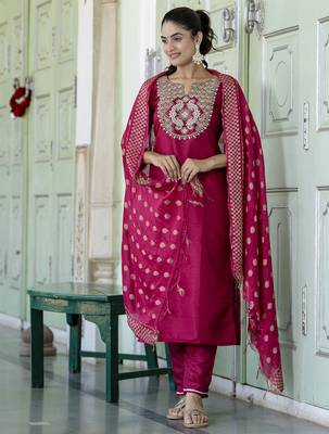 Pink cotton silk blend designer festive wear readymade suit 3