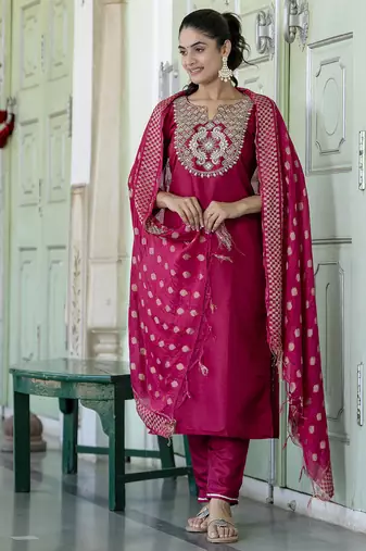 Pink cotton silk blend designer festive wear readymade suit