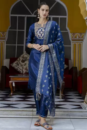 Blue cotton silk blend designer festive wear readymade suit