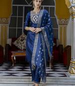 Blue cotton silk blend designer festive wear readymade suit