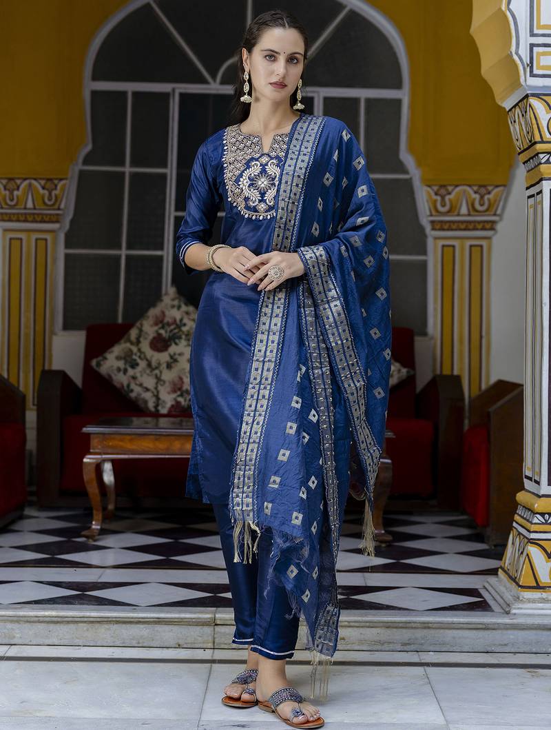 Blue cotton silk blend designer festive wear readymade suit