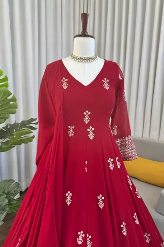 Red embroidered faux georgette anarkali suit set