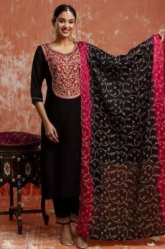 black fancy viscose rayon kurta set
