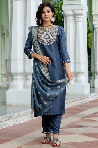 grey fancy cotton silk kurta set