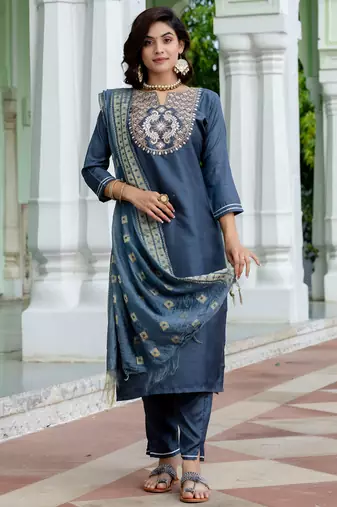 grey fancy cotton silk kurta set