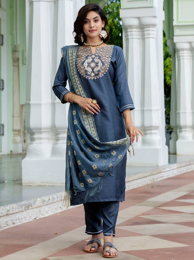 grey fancy cotton silk kurta set