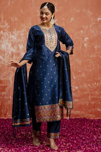 blue fancy cotton silk kurta set