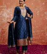 blue fancy cotton silk kurta set