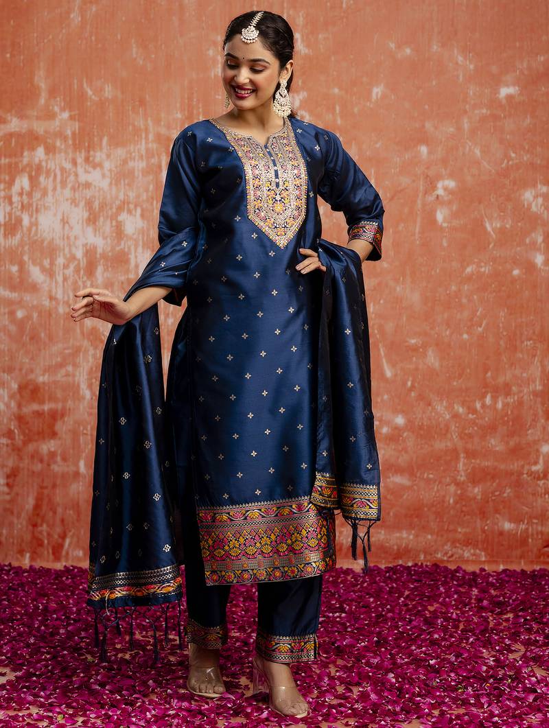blue fancy cotton silk kurta set