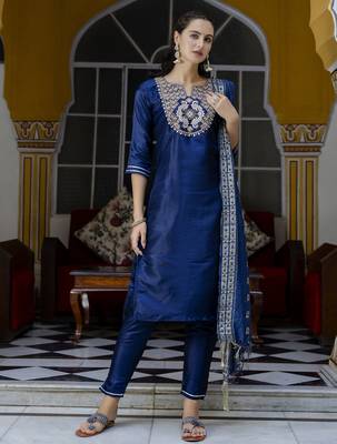 Blue cotton silk blend designer festive wear readymade suit 2