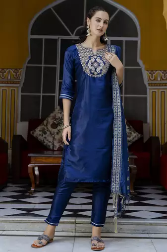 Blue cotton silk blend designer festive wear readymade suit
