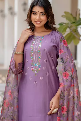 Lavender viscose roman silk designer festive wear readymade suit