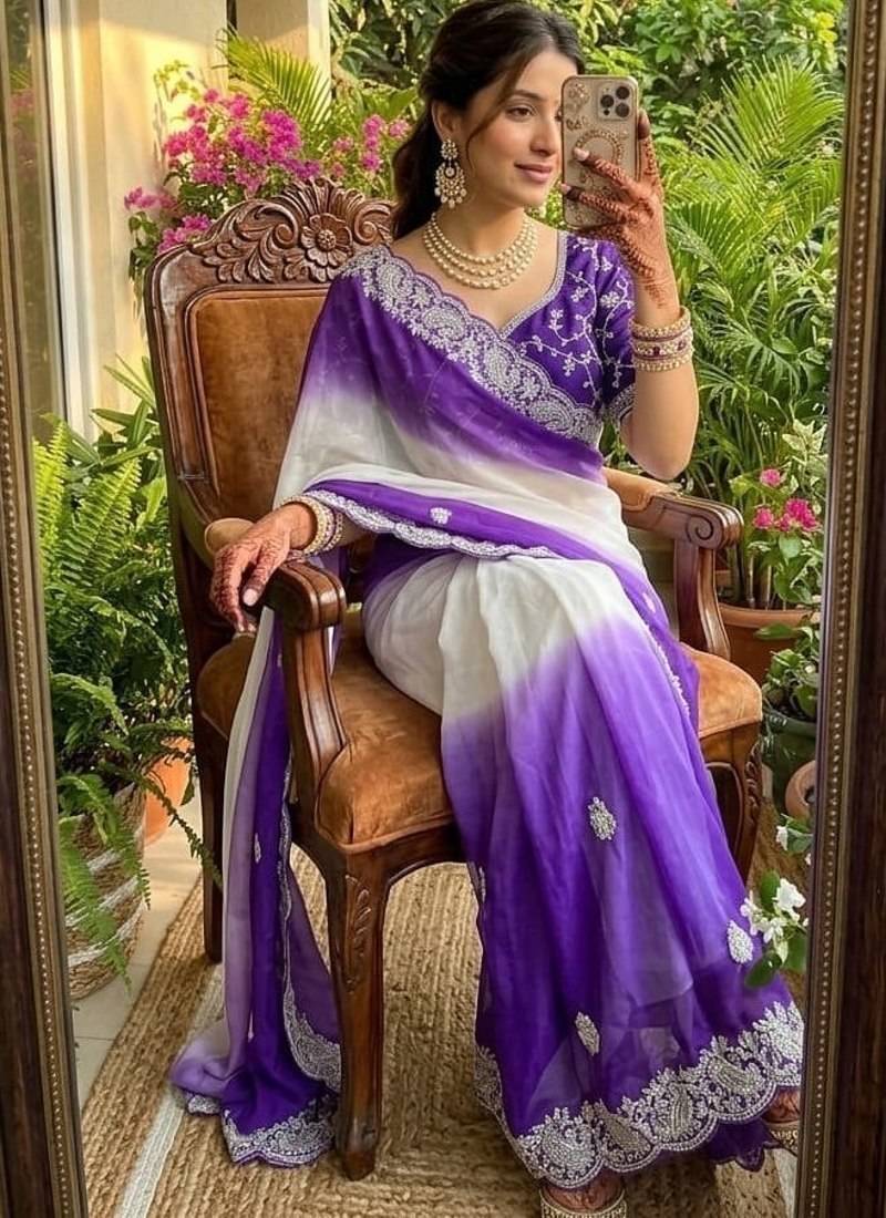 Purple Color  embroidery sequence work georgette Saree