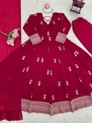 Red embroidered faux georgette anarkali suit set 4