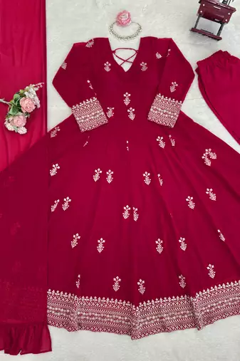 Red embroidered faux georgette anarkali suit set