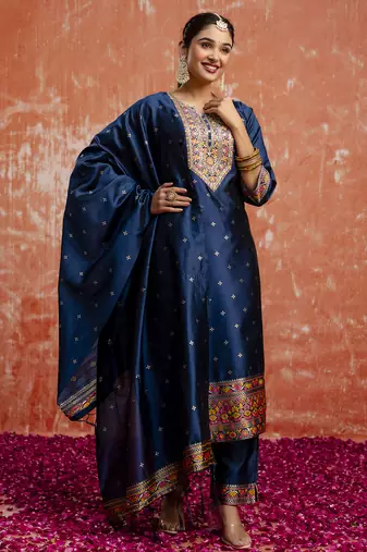 blue fancy cotton silk kurta set