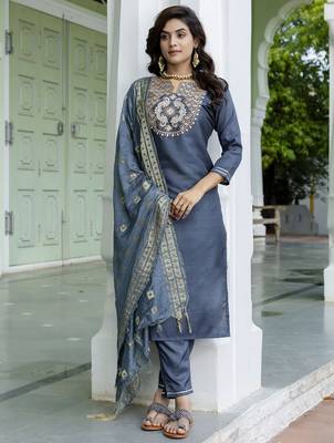 grey fancy cotton silk kurta set 2