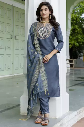 grey fancy cotton silk kurta set