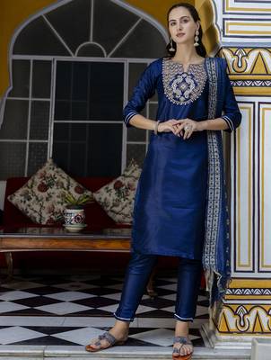Blue cotton silk blend designer festive wear readymade suit 3