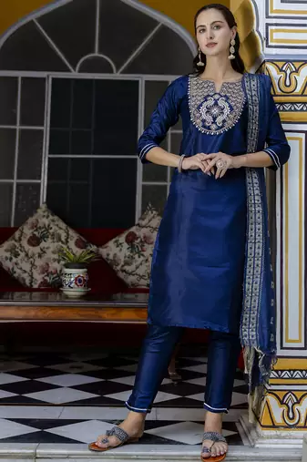 Blue cotton silk blend designer festive wear readymade suit