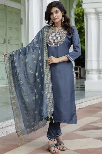 grey fancy cotton silk kurta set