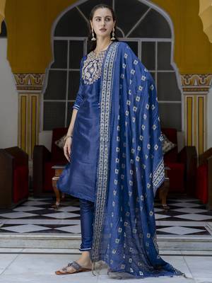 Blue cotton silk blend designer festive wear readymade suit 4
