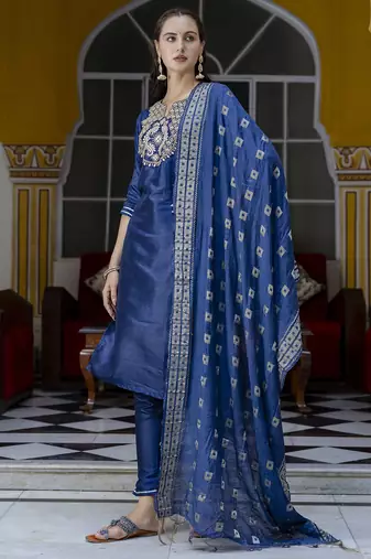 Blue cotton silk blend designer festive wear readymade suit