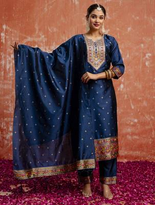 blue fancy cotton silk kurta set 3