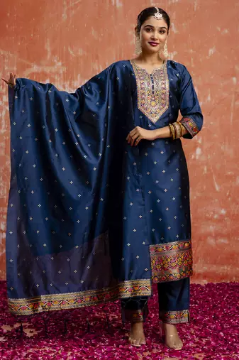 blue fancy cotton silk kurta set