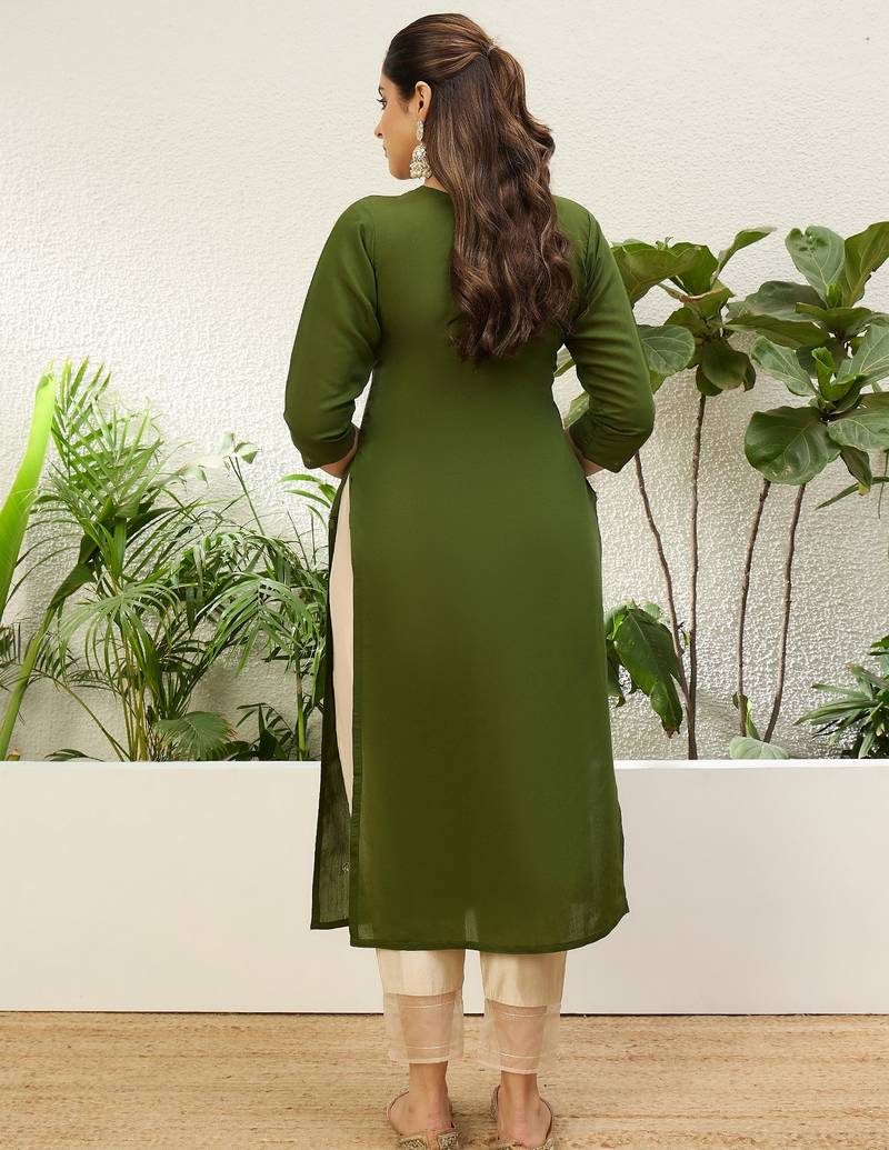 Mahendi color silk blend embroidery long kurta