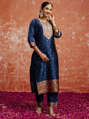blue fancy cotton silk kurta set 4