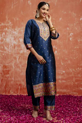 blue fancy cotton silk kurta set