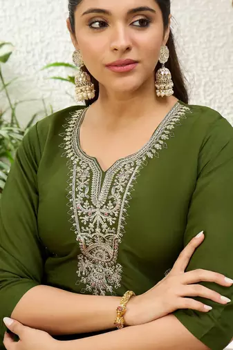 Mahendi color silk blend embroidery long kurta
