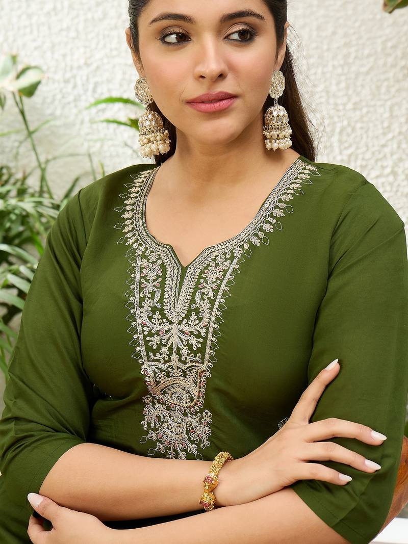 Mahendi color silk blend embroidery long kurta
