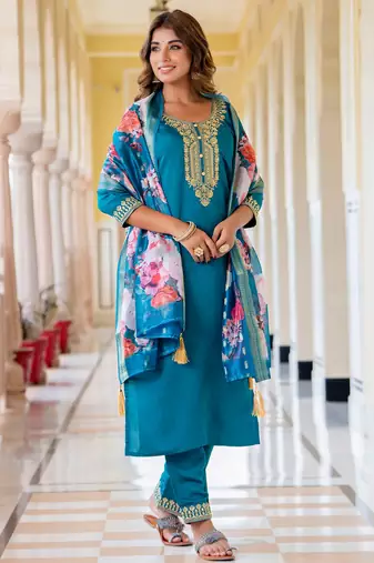 dark-sea-green fancy viscose rayon kurta set
