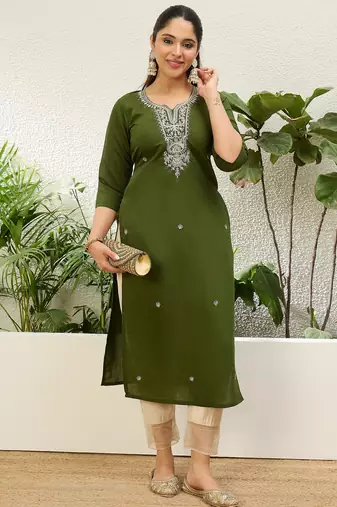 Mahendi color silk blend embroidery long kurta