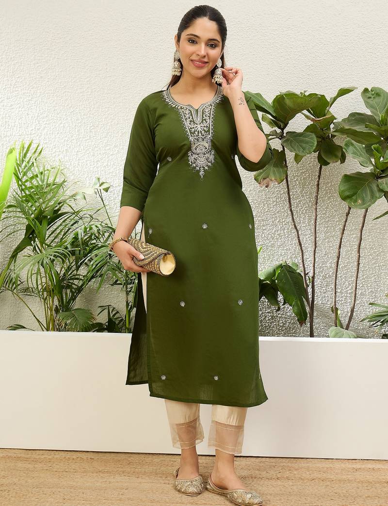 Mahendi color silk blend embroidery long kurta