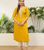 Yellow color silk blend embroidery long kurta