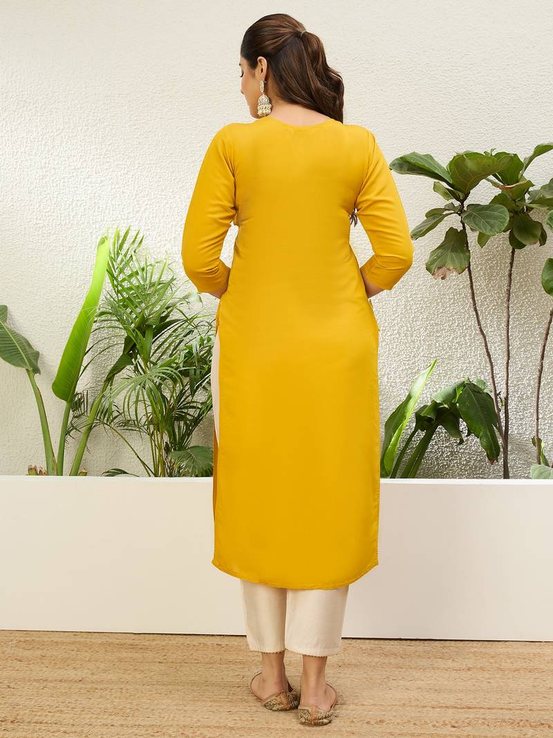 Yellow color silk blend embroidery long kurta