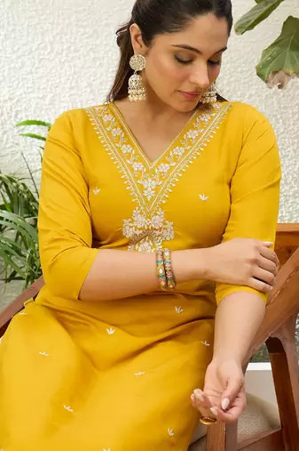 Yellow color silk blend embroidery long kurta